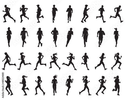Black silhouettes of runners on a white background 