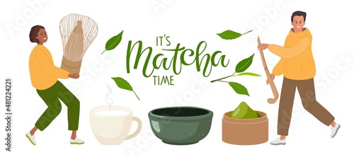 Tiny woman and man cooking green matcha tea, Traditional japanese beverage. Woman carrying brush for whipping tea. Man holding spoon. It is Matcha Time lettering. Flat cartoon vector illustration