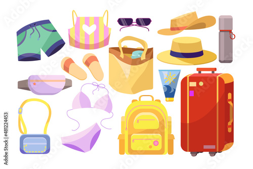 Different stuff for summer holidays vector illustrations set. Collection of clothes and accessories, luggage: travel bag, suitcase isolated on white background. Traveling, vacation concept
