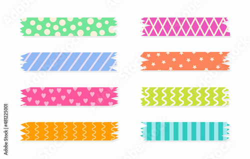 Set of colorful patterned washi tape strips. Cute decorative scotch tape isolated on white background.