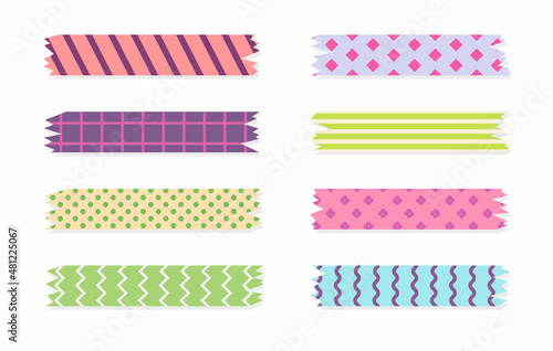 Set of colorful patterned washi tape strips. Cute decorative scotch tape isolated on white background