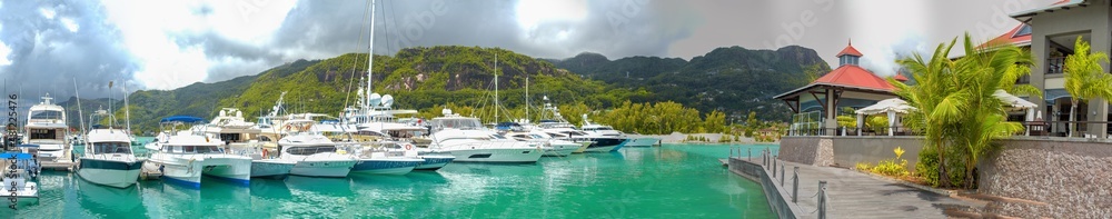 MAHE', SEYCHELLES - SEPTEMBER 15, 2017: Panoramic view of Eden Island port and boats, Mahe' - Seychelles.