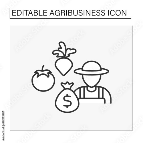 Vegetable cultivation line icon. Agronomist grows, caring or raising vegetables for market sale. Profitable business. Agribusiness concept. Isolated vector illustration. Editable stroke