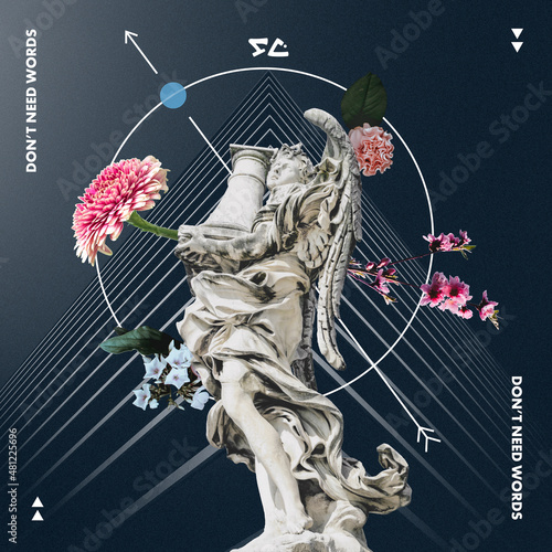 conceptual contemporary art collage, statue on geometric background