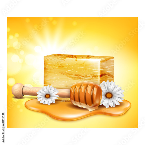 soap honey cosmetics skincare background Bee ad. Yellow soap product. realistic vector illustration