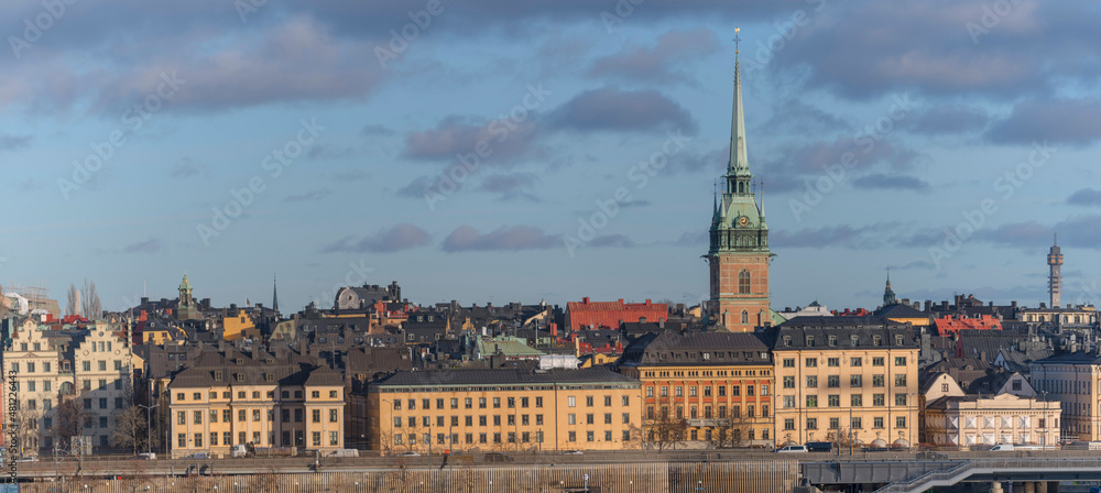 Panorama view over the old town Gamla Stan with tin roofs, churches and towers a sunny day in the district Södermalm in Stockholm