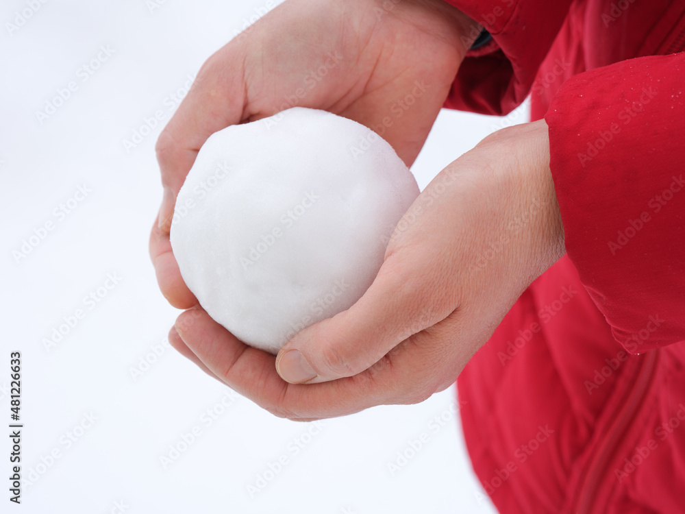 A woman holding a snowball in her hands. Close up. A woman holding a snowball in her hands. Close up.