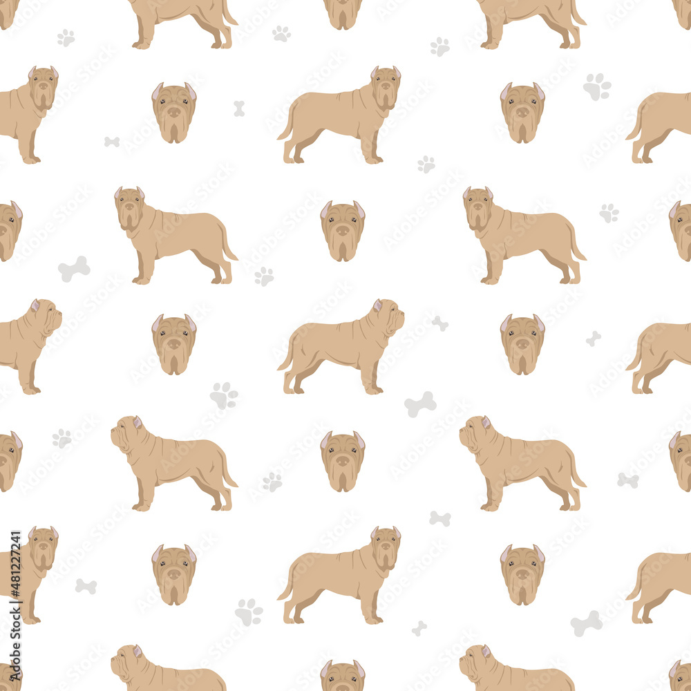 Neapolitan Mastiff, Mastino Neapolitano  seamless pattern. Different poses, coat colors set