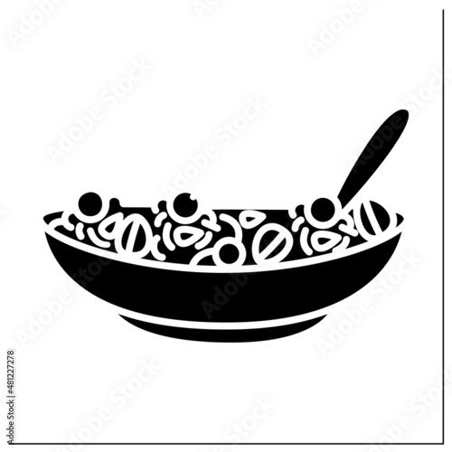 Granola glyph icon.Healthy breakfast yogurt or milk bowl with granola and fruits.Homemade granola recipe. Filled flat sign. Isolated silhouette vector illustration
