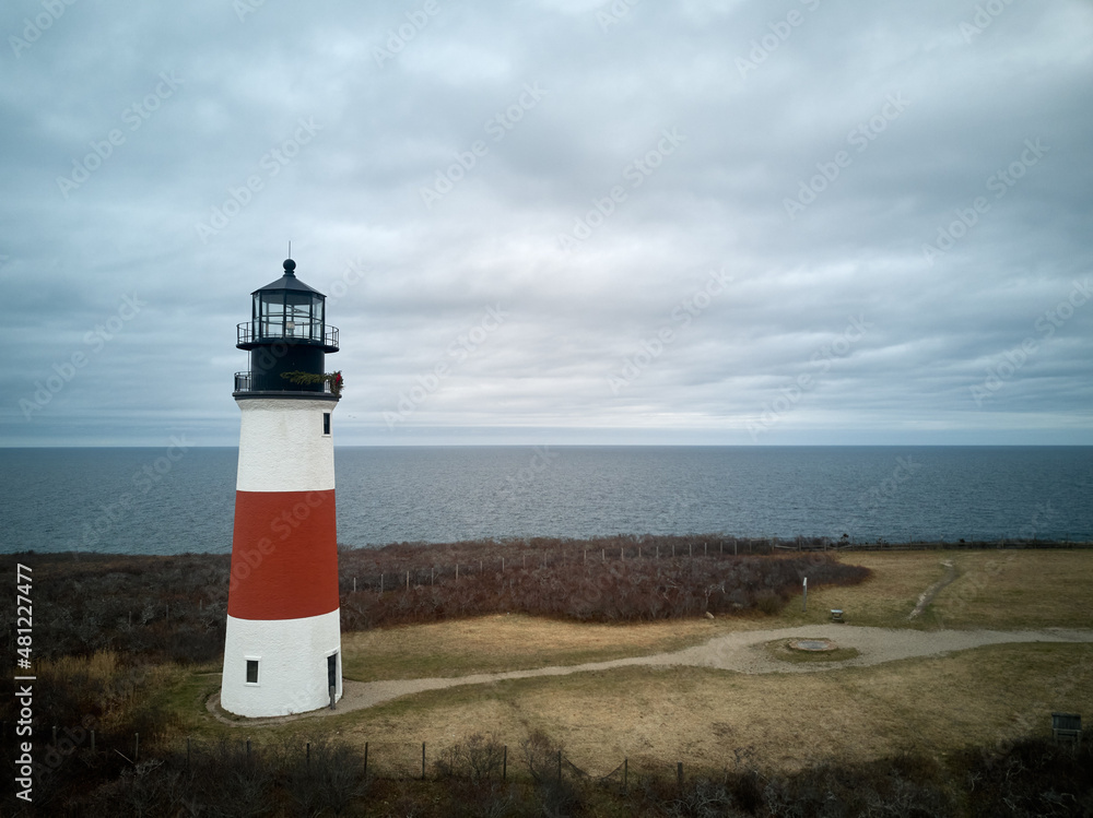 Aerial Drone image of the Sankaty Lighthouse on Nantucket Island Cape Cod currently operated by the USCG
