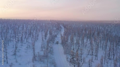 aerial view winter frost Siberia forest winter road