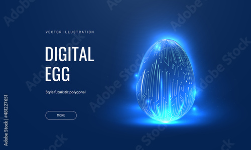 Easter egg in tech futuristic style. Greeting card with abstract 3d egg with circuit board texture. Glowing digital vector illustration
