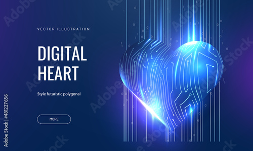 Digital heart glows in a futuristic style. 3d model with a board texture, a postcard as a symbol of love for the holidays of Valentine's Day
