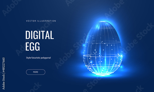 Easter egg in tech futuristic style. Greeting card with abstract 3d egg with circuit board texture. Glowing digital vector illustration