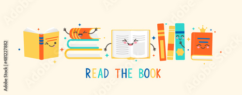 Funny smilng books characters.Read the book concept,close and open books in different positions.Knowledge,learning,education,relax and enjoy concept design for librares,bookstores.Vector illustration.