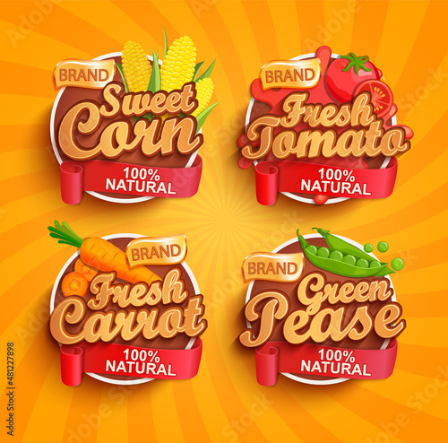 Logo, label or sticker of fresh tomato,corn,carrot,pea on sunburst background. Natural, organic food.Concept for farmer markets, shops, packing and packages, advertising design.Vector illustration.