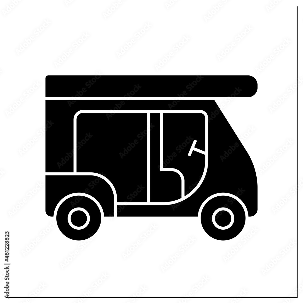 Tuk tuk glyph icon. Taxi. Motorised auto used for slow driving. Food delivery. Transportation. Thailand concept. Filled flat sign. Isolated silhouette vector illustration Tuk tuk glyph icon. Taxi. Motorised auto used for slow driving. Food delivery. Transportation. Thailand concept. Filled flat sign. Isolated silhouette vector illustration