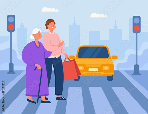 Young man and old lady walking across road in front of car. Life in big city or town, senior crossing street with help of male character flat vector illustration. Elderly care, traffic concept