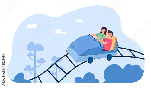 Fun rollercoaster ride of happy kids in amusement park. Boy and girl enjoying high loop of roller coaster during fair or carnival flat vector illustration. Childrens adventure, entertainment concept