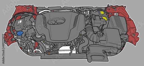Slika na platnu Hand drawn illustration of an engine compartment from a Mazda 6.