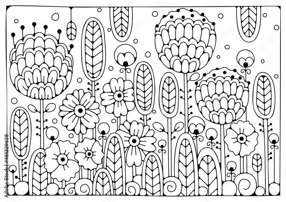 Art line flowers. Black and white background for coloring. Coloring ...