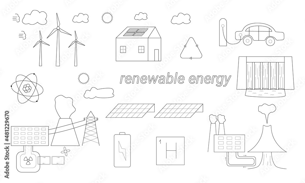 Hand drawn set of elements showing how to use renewable energy in nature.