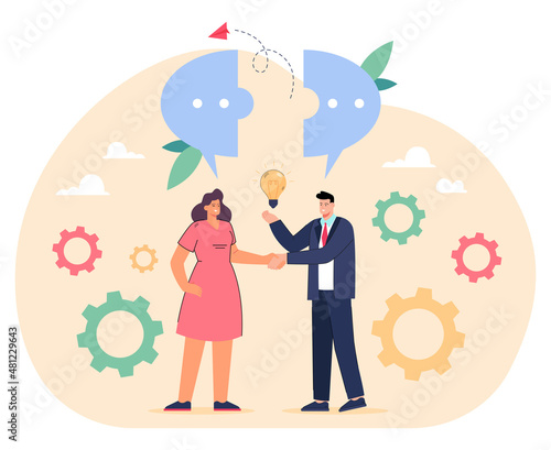 Handshake, challenge and dialogue of business partners. Cooperation of tiny man and woman with puzzle from message bubbles and light bulb flat vector illustration. Idea, success teamwork concept © PCH.Vector