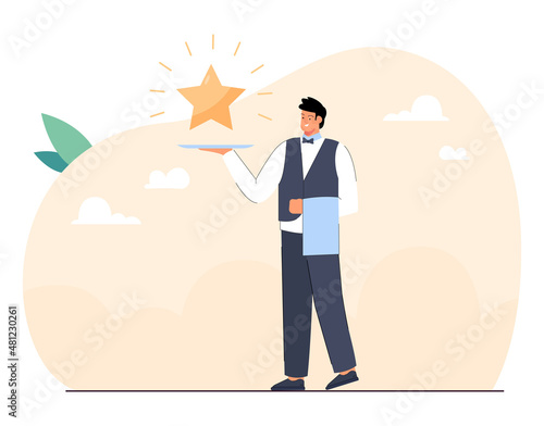 Waiter serving gold quality star for VIP customers. Funny person holding tray with premium gift or bonus, working in restaurant service flat vector illustration. Advertisement, hospitality concept