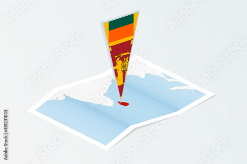 Isometric paper map of Sri Lanka with triangular flag of Sri Lanka in isometric style. Map on topographic background.