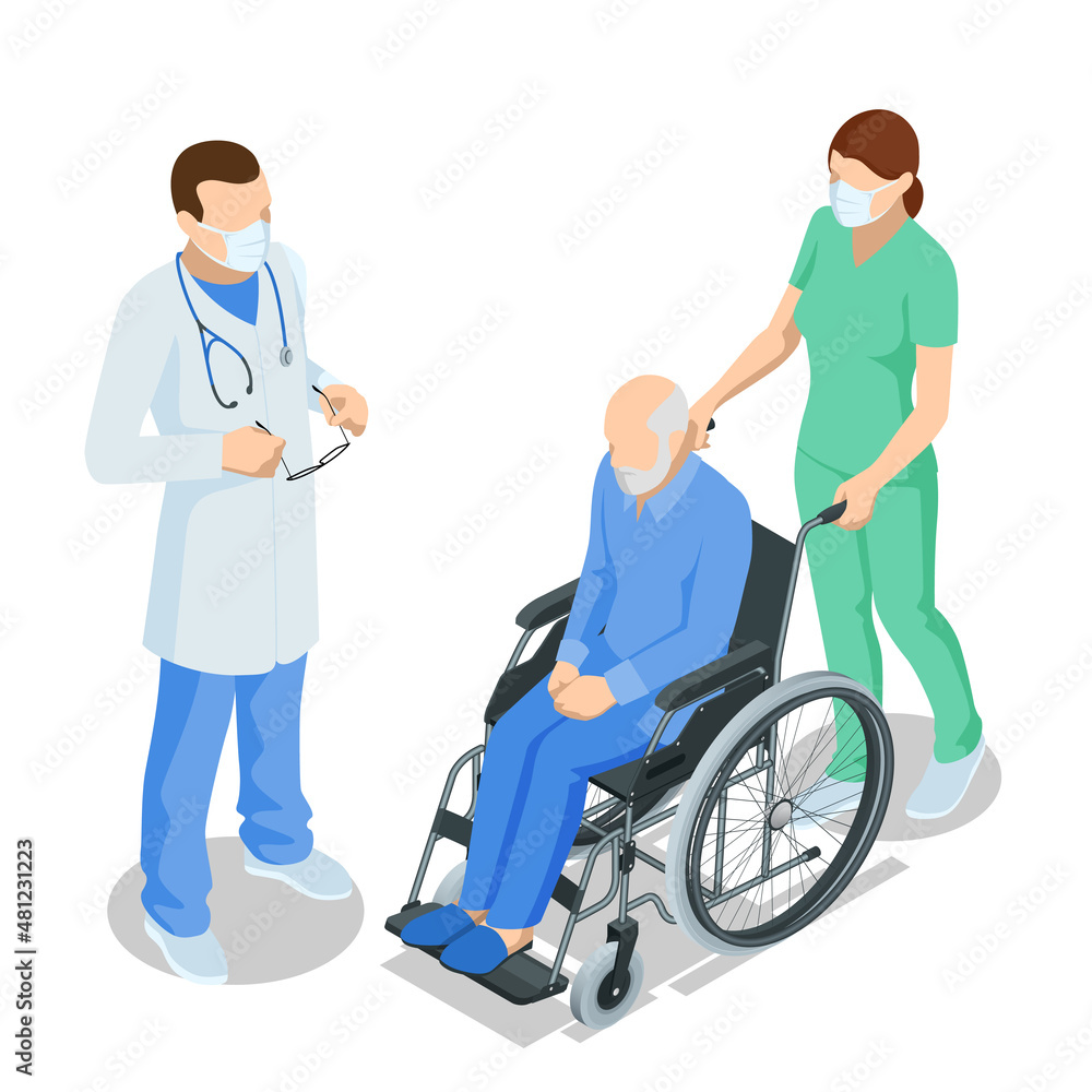 Isometric elderly patient in wheelchair and his caregiver at retirement home. Doctor take care of a man patient sitting in a wheelchair in a hospital. Isometric elderly patient in wheelchair and his caregiver at retirement home. Doctor take care of a man patient sitting in a wheelchair in a hospital.