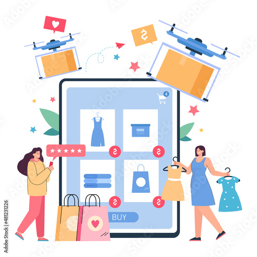Costumers using digital gadgets for online shopping on sales. Professional drones delivering parcels from internet stores to female users flat vector illustration. Delivery, ecommerce concept