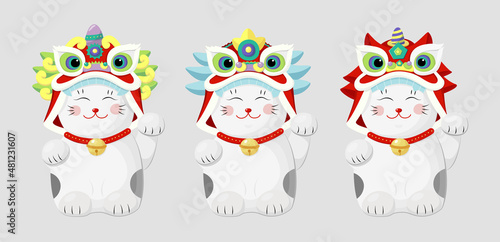 China lion dance maneki neko cat set in chinese style.Vector graphic. Happy chinese new year illustration. Japanese icon with red china symbol. photo
