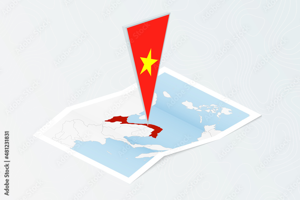 Obraz premium Isometric paper map of Vietnam with triangular flag of Vietnam in isometric style. Map on topographic background.