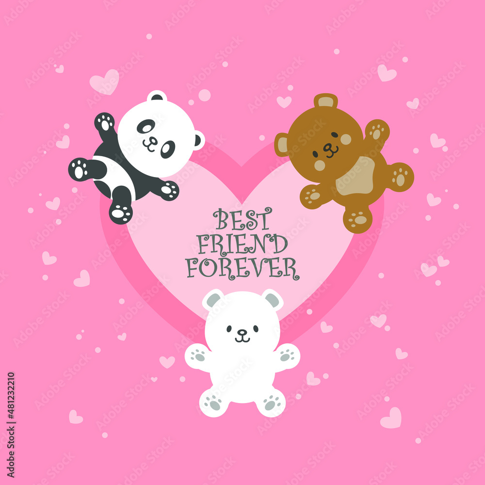Illustrations of panda, polar bear and brown bear. Best Friend Forever. Peach color background with love shapes. Illustrations of panda, polar bear and brown bear. Best Friend Forever. Peach color background with love shapes.