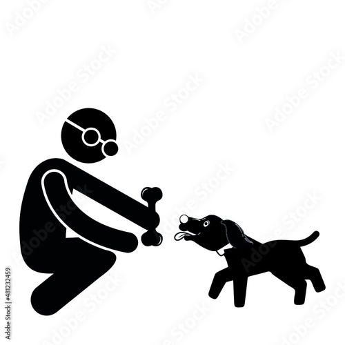 Man Giving Dog Bone Cartoon Vector Illustration. Male Flat Character Playing with Cute Puppy, Spending Time Together. Domestic Animal and Human Friendship. Little Clever Pet Gives Paw