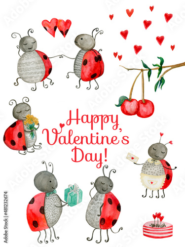 Watercolor Valentines elements set. Couple of cute ladybugs, cherries, red hearts, cake. Cartoon illustration. Text Happy Valentines Day! Romantic holiday poster or greeting card, banner