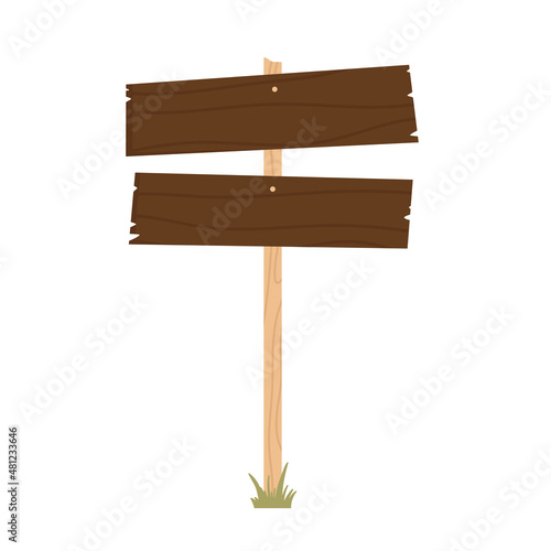 Wooden sign board or pointer in green grass. Vintage wood plank, sign. Vector illustration in cartoon style. Isolated on white background.