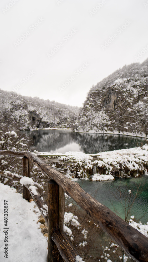 Plitvice lakes, National park in Croatia, during winter, covered with snow