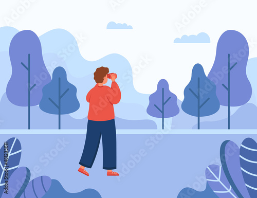 Male character looking at landscape through binoculars. Man exploring nature flat vector illustration. Traveling, goal, outdoor activity concept for banner, website design or landing web page