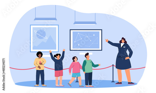 Students with teacher watching astronomy exhibition in museum. Female guide teaching group of happy children on weekend science tour flat vector illustration. Education, trip to gallery concept