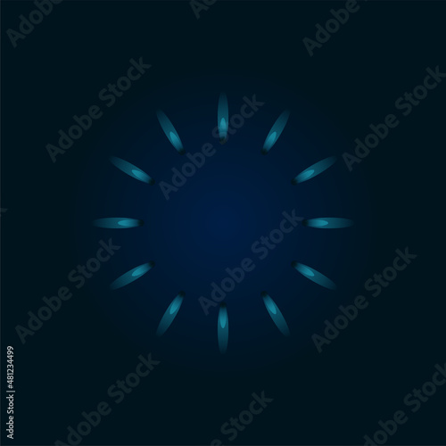 Gas burner blue flame. Glowing fire ring on kitchen stove top view. Burning natural propane butane vector realistic mockup on dark background. Blaze eps illustration