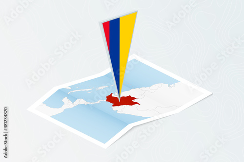 Isometric paper map of Colombia with triangular flag of Colombia in isometric style. Map on topographic background.