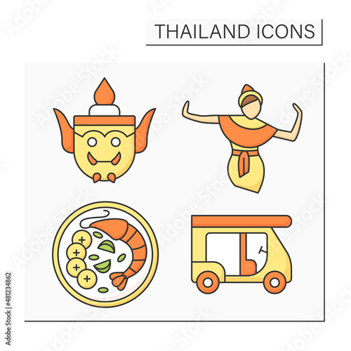 Thailand color icons set. Folklore vase, classical dance, tuk tuk, tom yum goong. Traditional culture things. Country concept. Isolated vector illustrations 