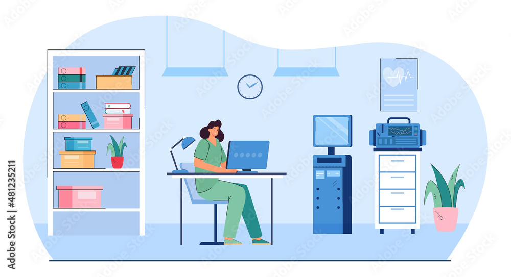 Doctor working at desk with computer in modern clinic interior. Lady physician sitting in examination room of hospital, waiting for patients flat vector illustration. Healthcare, medicine concept