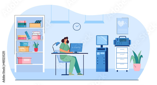 Doctor working at desk with computer in modern clinic interior. Lady physician sitting in examination room of hospital, waiting for patients flat vector illustration. Healthcare, medicine concept