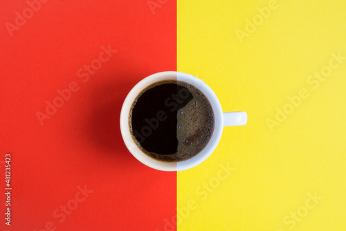 Collage of coffee cup on the colored background. Top view. Copy space.