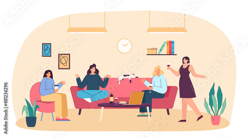 Group of young cheerful girlfriends gathering for home party. Fun celebration of female friends or neighbors sitting on couch with glasses of wine and cat flat vector illustration. Friendship concept