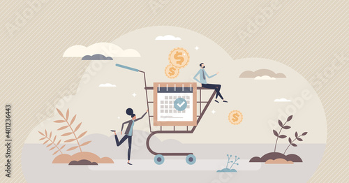 Preorder as scheduled purchase deal before general sale tiny person concept. Available product buying for best price with discount vector illustration. Special reservation and secure availability.