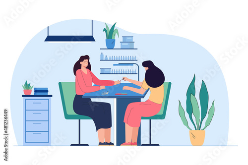 Stylish manicure and nail treatment for lady in beauty salon. Women sitting in armchairs at table of luxury manicurists parlor interior flat vector illustration. Fashion business, lifestyle concept