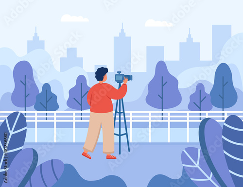 Professional photographer taking picture of landscape of city. Man with camera on tripod flat vector illustration. Photography, traveling, nature concept for banner, website design or landing web page